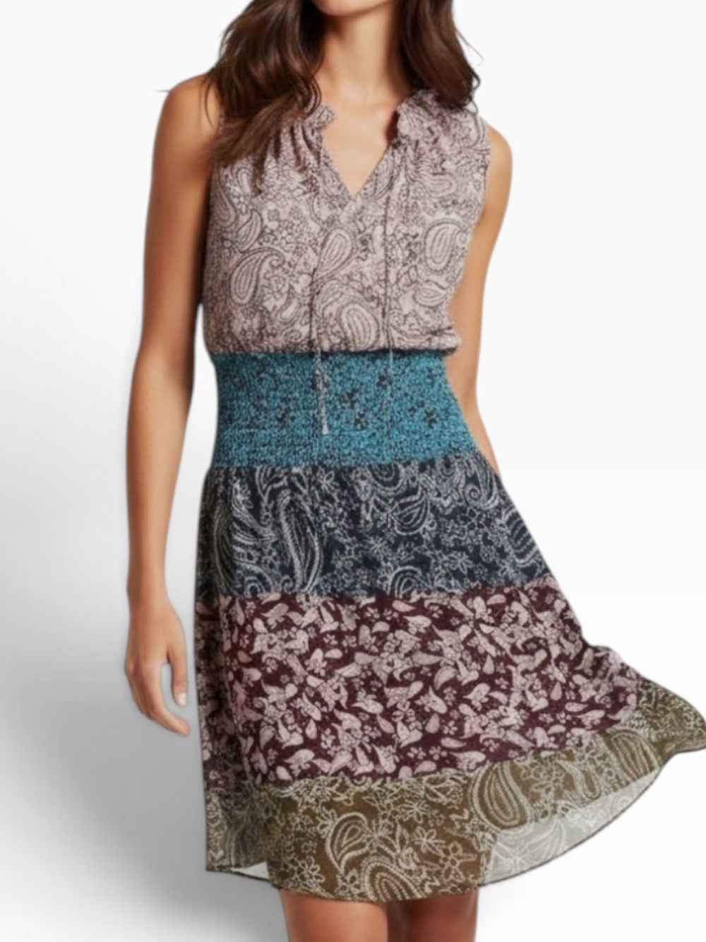 CAbi "Dani" Chiffon Sleeveless Smocked Waist Patchwork Mixed-Print Dress #5371